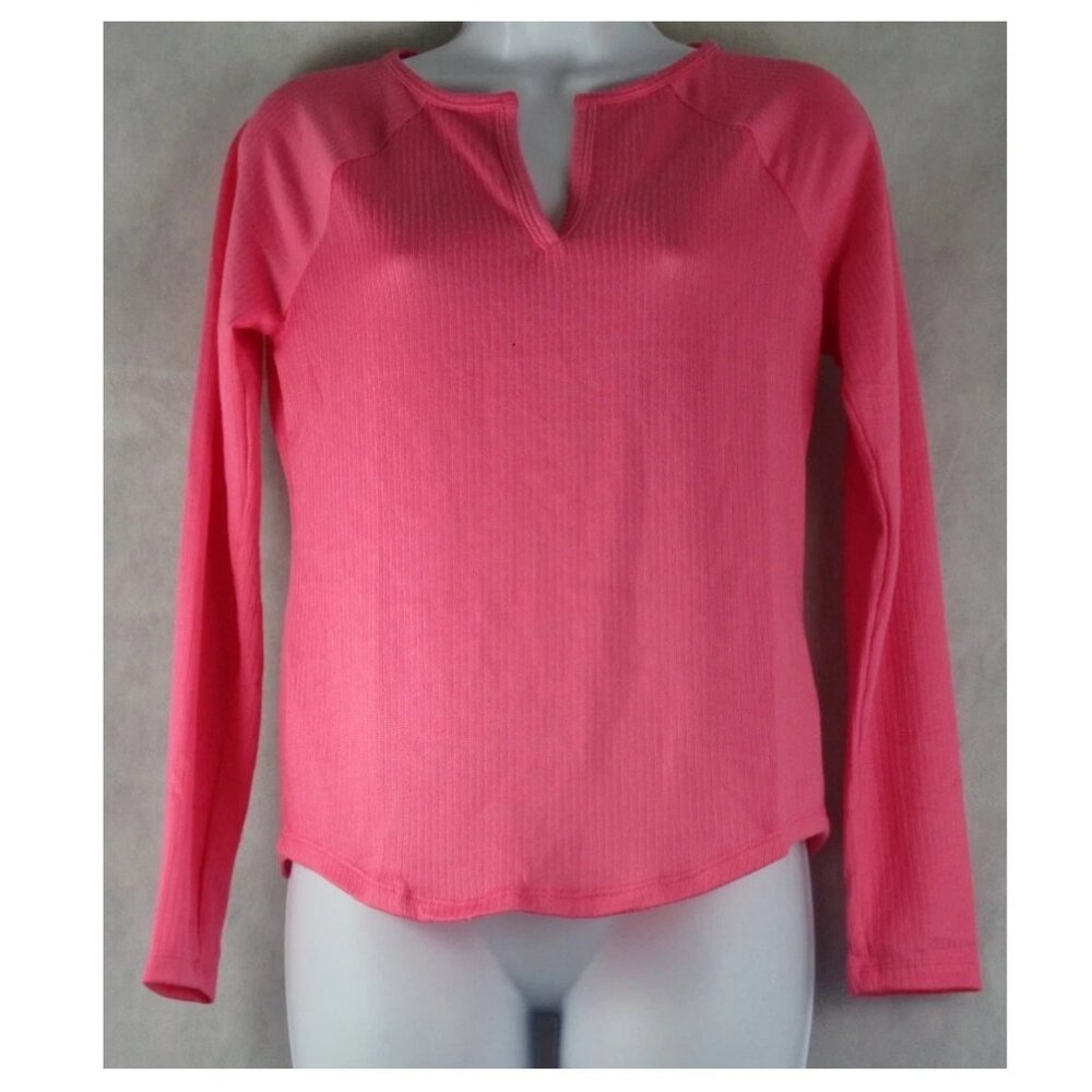 Jenni Women's Long-Sleeve Split V-Neck Ribbed Knit Pajama Top, Pink, XS